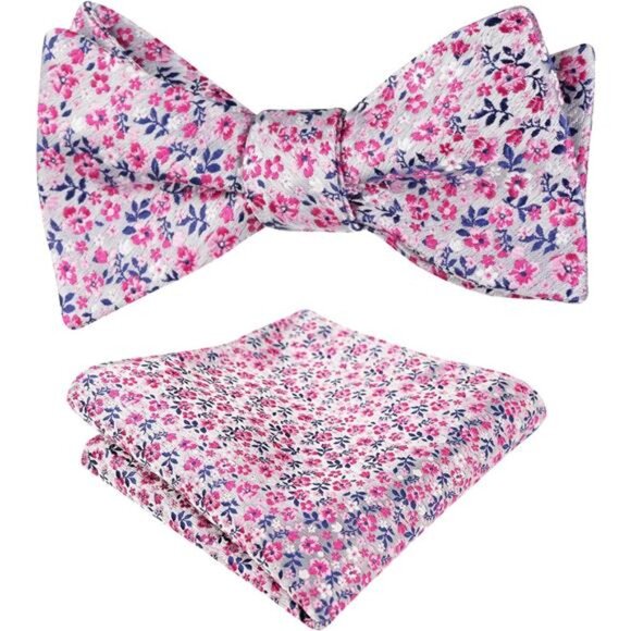 Mens Floral Self-tied Bow Tie with Pocket Square Colorful Tie Set - Picture 1 of 6